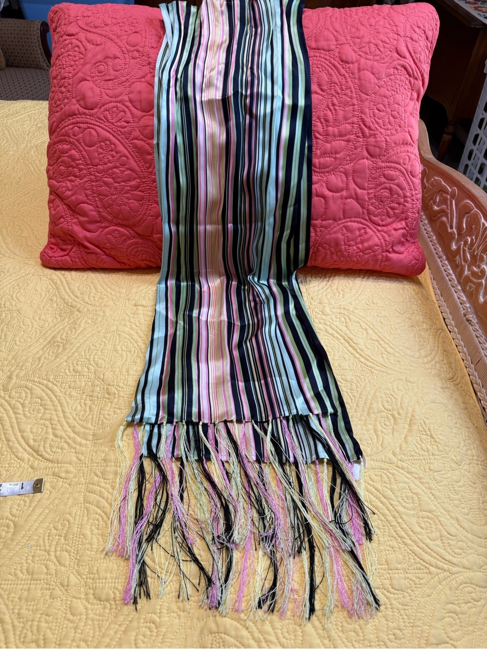 Talbots Multi-Striped Fringe Silk Scarf in Pink, Black, Green, Blue and Cream